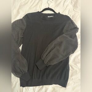 Adrianna Papell Black Crewneck Sweater with Textured Sleeves